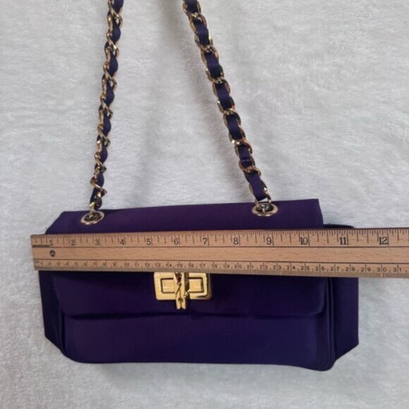 Love Moschino Satin Chain Strap Clothespin Turn Lock Shoulder Bag Purple Gold - Picture 13 of 16